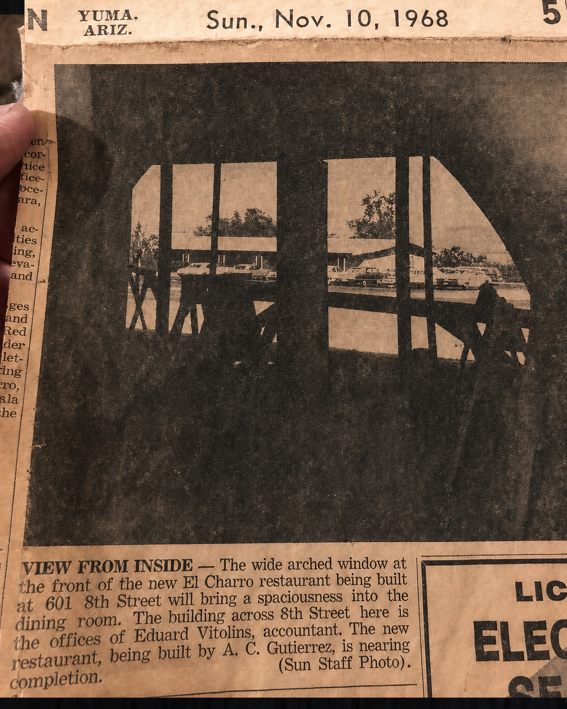 Newspaper clipping showing the new El Charro restaurant under construction at 601 W 8th Street